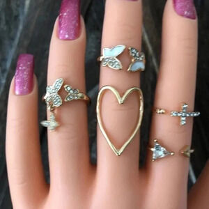 5 Piece Ring Set Gold Tone Heart Cross Butterfly Arrow Faux Diamond Rings New